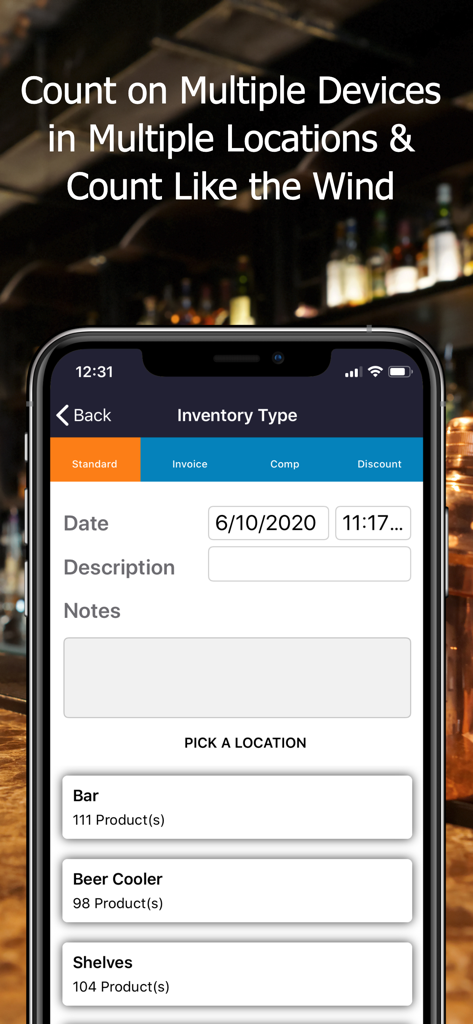 Bar Patrol Inventory App - Bar Patrol Inventory App screen showing options to pick inventory locations including bar and beer cooler