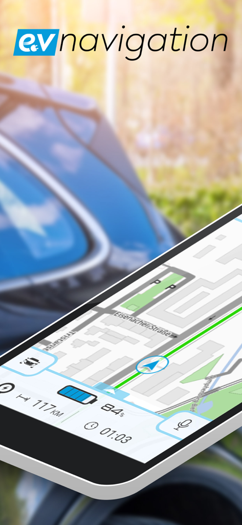 Interfaz de la aplicación Navegación para VE que muestra una ruta en el mapa y un indicador de autonomía de la batería en un smartphone