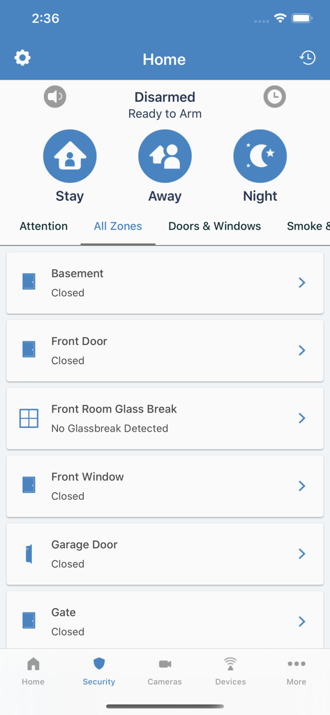 Alula Security app interface showing home status arming modes and monitored zones like front door and garage