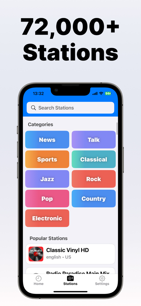 Radio for Seniors - Interface of the Radio for Seniors app showing large colorful buttons for various radio station categories like News Talk and Jazz