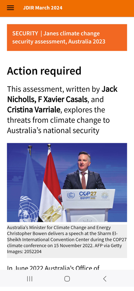 Screenshot of an article in the Janes Magazines app about climate change security assessment in Australia.