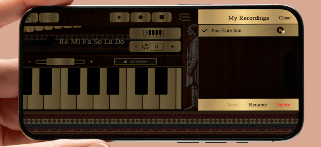 Una pantalla de smartphone mostrando el menú de grabaciones en la aplicación Pan Flute Sim con una interfaz de teclado virtual y etiquetas de notas de solfeo.