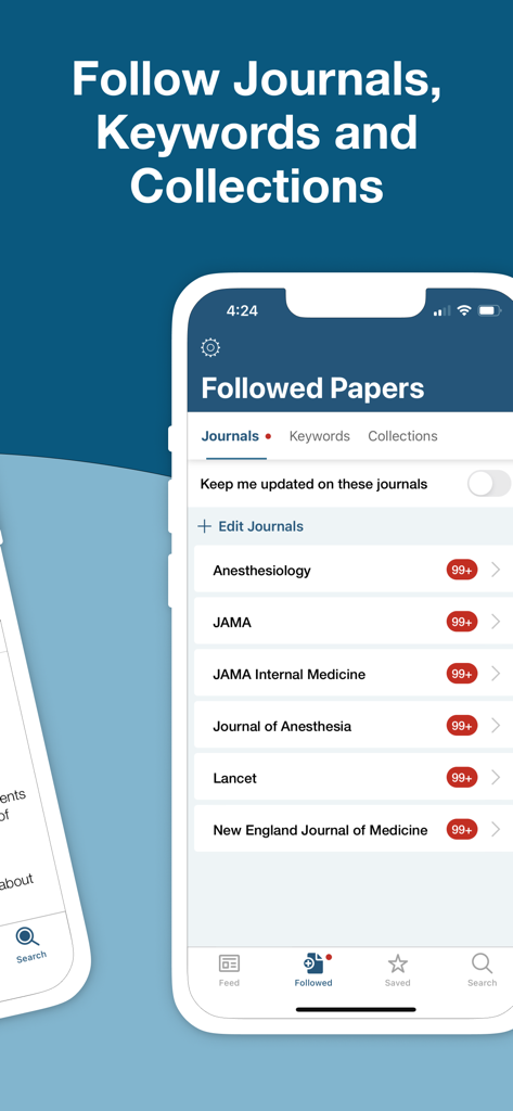 Read by QxMDアプリでJAMAやLancetなどのフォロー中の医学ジャーナルを表示するスマートフォン画面