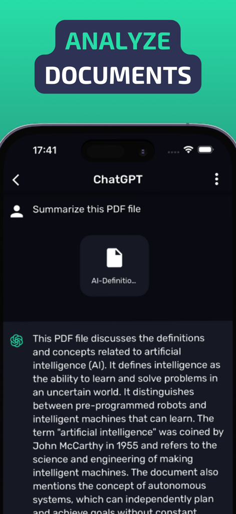 Chatbot de IA Evo analisando e resumindo um documento PDF