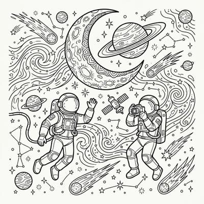 Prepare for an out-of-this-world artistic adventure with this intricate coloring template. It showcases two friendly astronauts exploring a vibrant cosmic landscape filled with planets, stars, and celestial marvels.