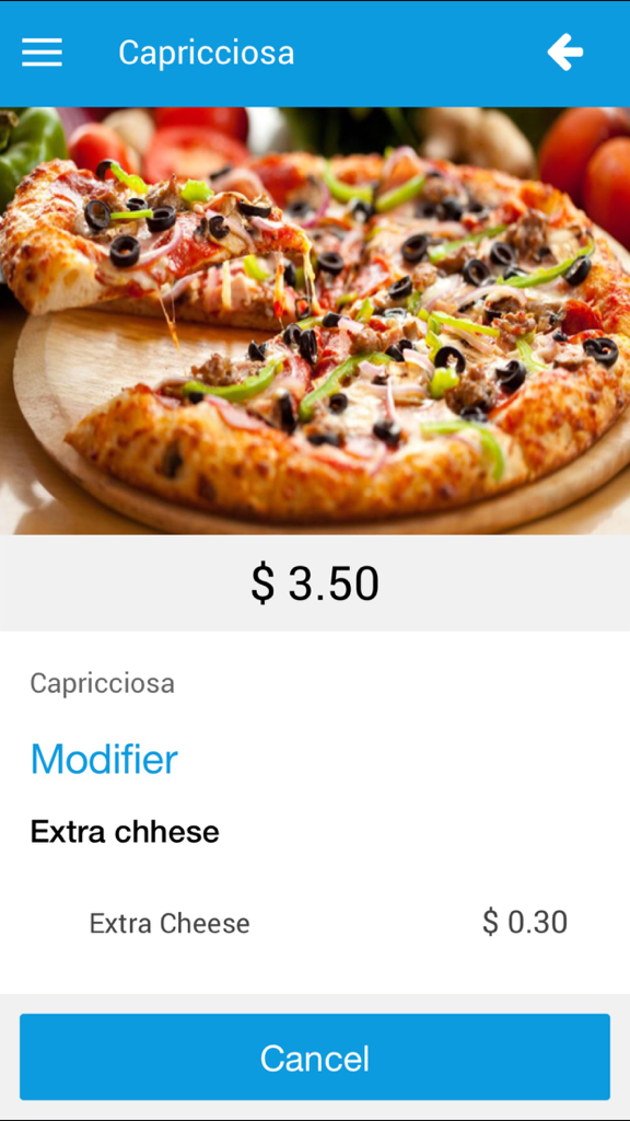 eZee eMenu app screen showing a pizza with item modifiers and price