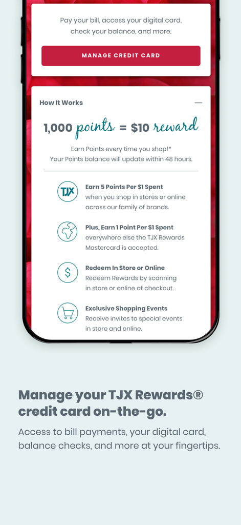 HomeGoods app screen showing TJX Rewards credit card management and point benefits