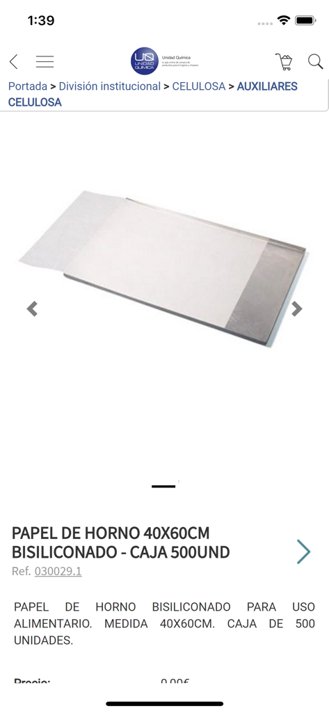 Unidad Química - Product page for siliconized baking paper in the Unidad Quimica industrial supplies app.