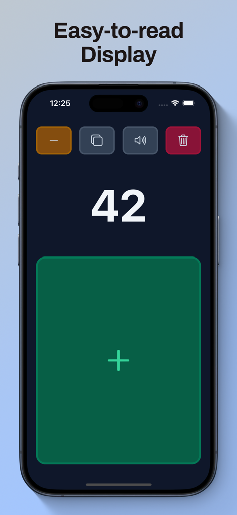 Tally Counter Click! - iPhone screen showing the Tally Counter Click app with a large number display and a green plus button