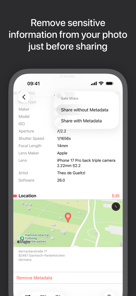 Menú Compartir Seguro de la app Metapho para eliminar metadatos de fotos y datos de ubicación.