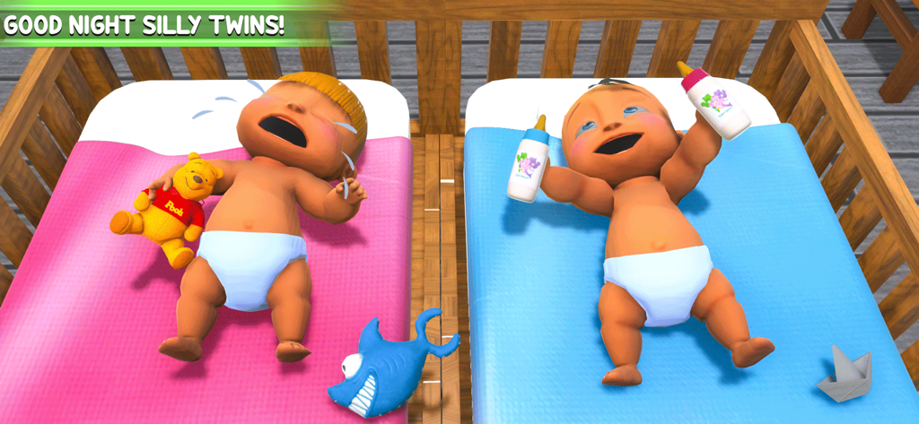 Twin Baby Game Simulator 3D - Dois bebês gêmeos virtuais em 3D deitados em seus berços com brinquedos e mamadeiras