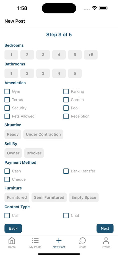 3ikary - Interface for adding real estate details like amenities and payment methods in the 3ikary app