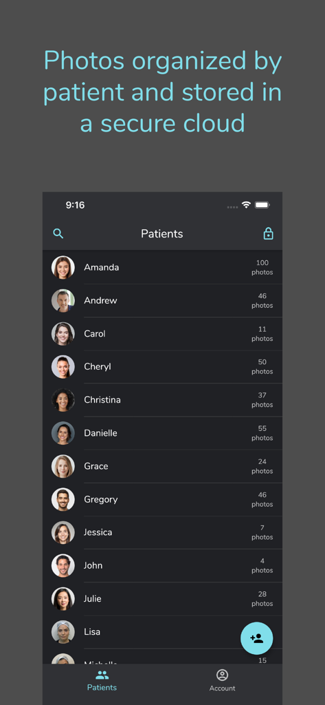PhotoDoc app interface showing a list of patients with their medical photos organized and stored in a secure cloud