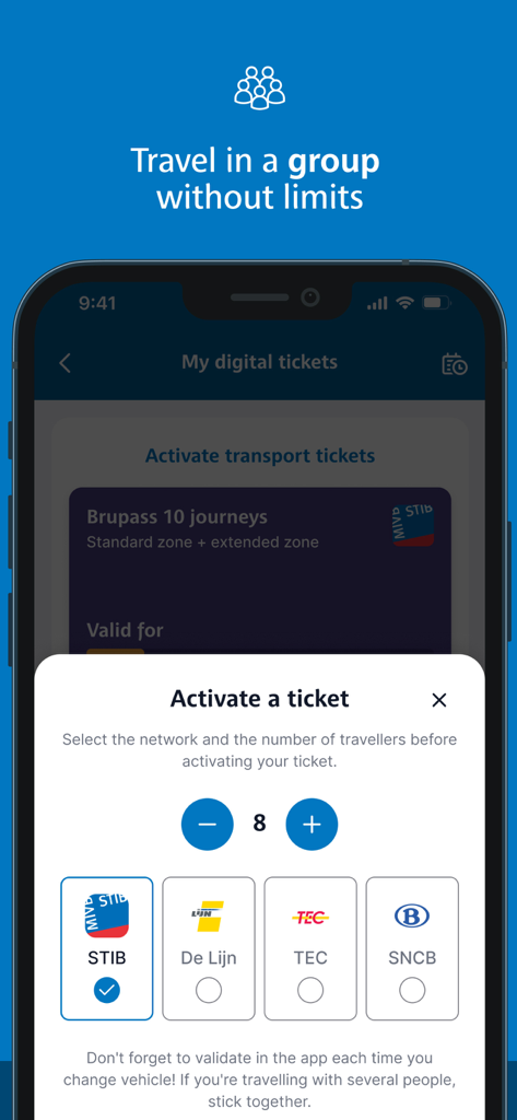 Pantalla de la aplicación móvil STIB-MIVB que muestra la función de activación de billetes de grupo para varios pasajeros