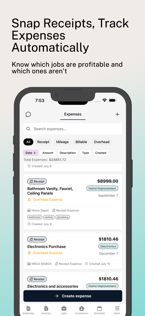 Plyer Electrician Field App - Pantalla de la aplicación Plyer que muestra una lista automatizada de gastos y recibos para la gestión de negocios eléctricos