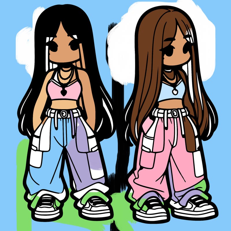 girl in baggy pants crop top and long hair