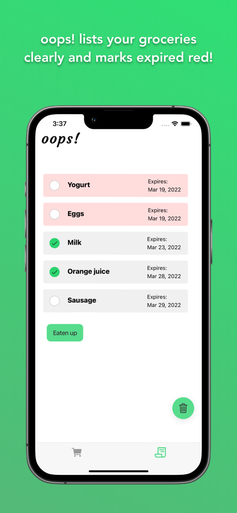 Smartphone screen showing a grocery inventory list with expired items highlighted in red and fresh items in green