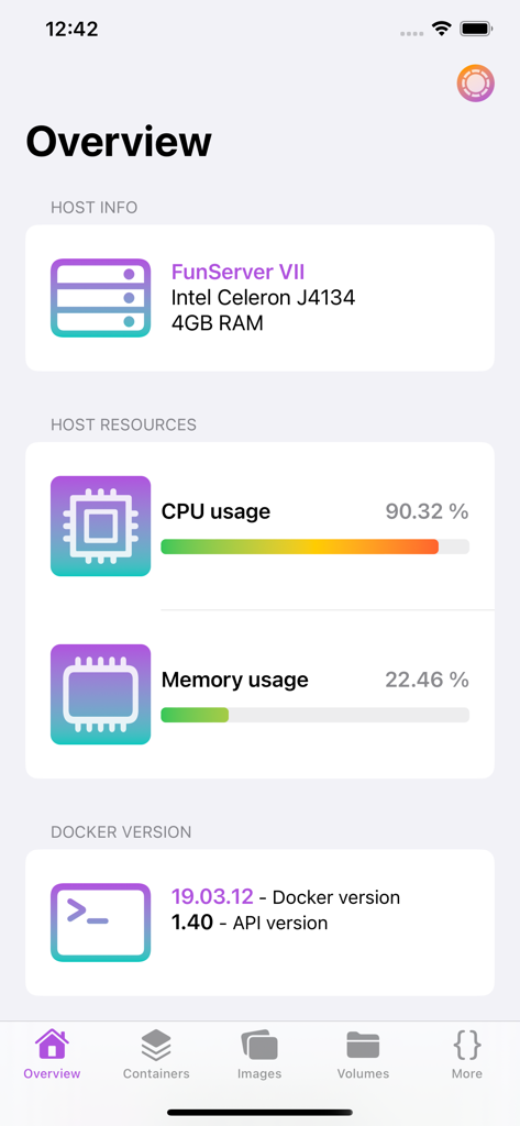 Container Manager overview dashboard showing server host info and resource usage metrics