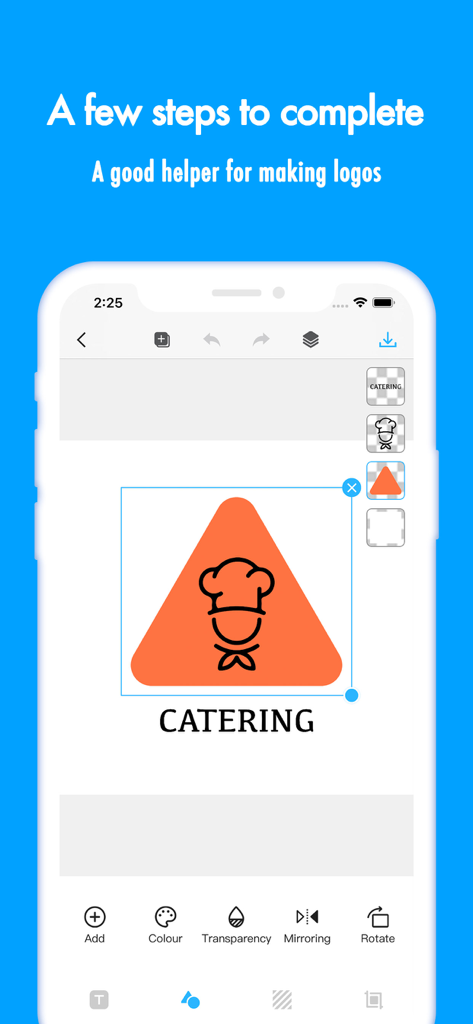 Logo Maker & graphic design - Interfaz de la aplicación móvil mostrando la edición de un logo de catering con un ícono de chef dentro de un triángulo naranja.