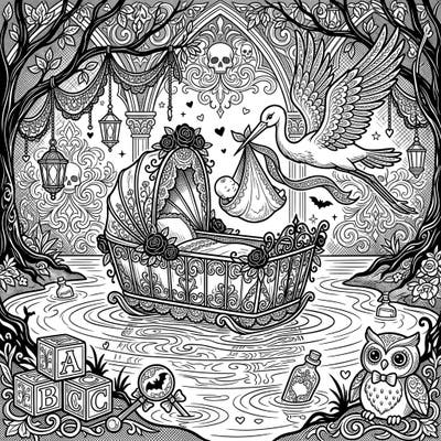 Dive into a uniquely dark and enchanting world with this Gothic Baby Shower coloring page. Featuring an intricate lakeside scene, a stork delivering a baby, and Victorian-inspired details, it's perfect for colorists seeking something different.