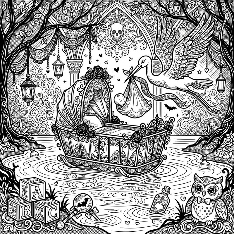 Dive into a uniquely dark and enchanting world with this Gothic Baby Shower coloring page. Featuring an intricate lakeside scene, a stork delivering a baby, and Victorian-inspired details, it's perfect for colorists seeking something different.