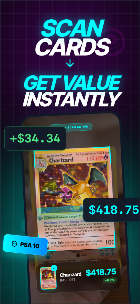 TCG Card Scanner・Collector - Smartphone scanning a Pokemon card to show instant market value and grade