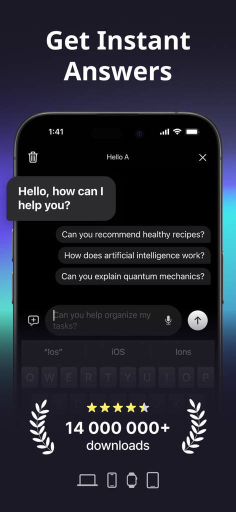 Interface of Hello AI Chatbot Assistant app on a smartphone showing instant answer suggestions and high download count