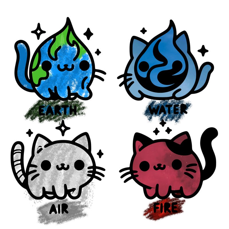 4 cats that represent the different elements, earth, water, air, and fire