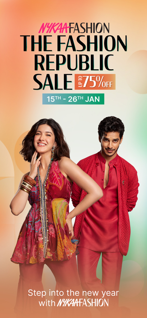 Nykaa Fashion - Shopping App - Banner de la venta Nykaa Fashion Republic con modelos en ropa étnica y ofreciendo hasta un 75 por ciento de descuento del 15 al 26 de enero