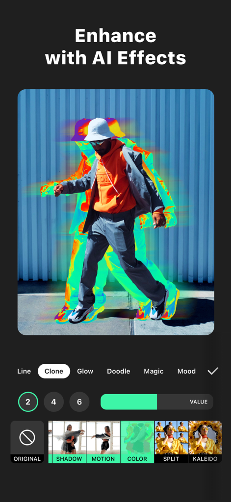 InShot Mobile App-Oberfläche, die einen Mann zeigt, der mit einem bunten KI-Klon-Effekt-Trail geht