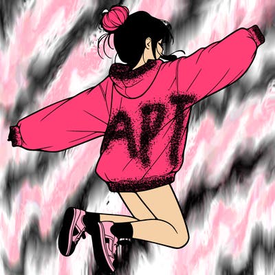 realistic girl jumping with a bun and oversized sweatshirt