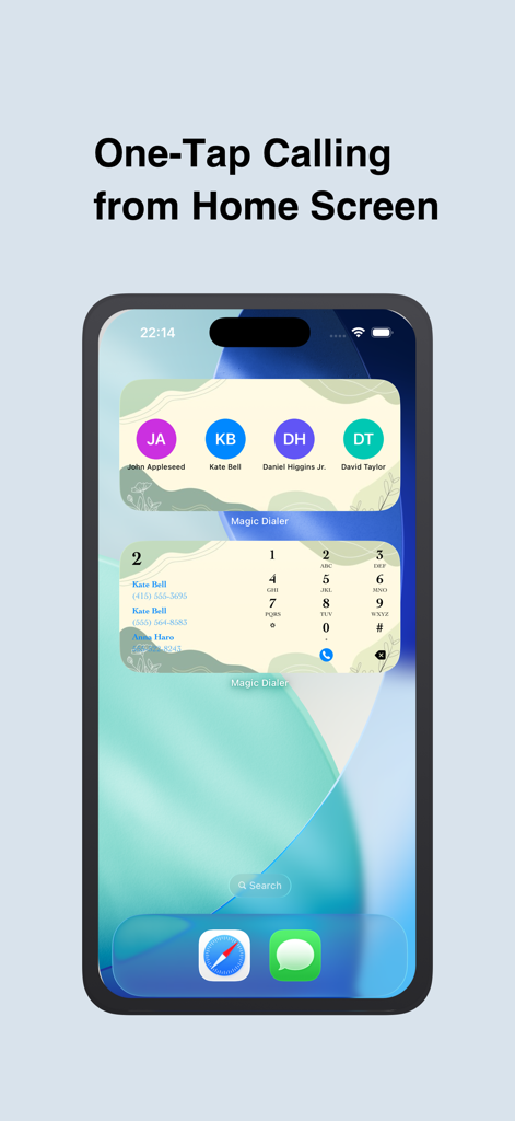 Magic Dialer Pro - T9 Dialer - Magic Dialer Pro home screen widgets showing one-tap calling and a T9 keypad on an iPhone