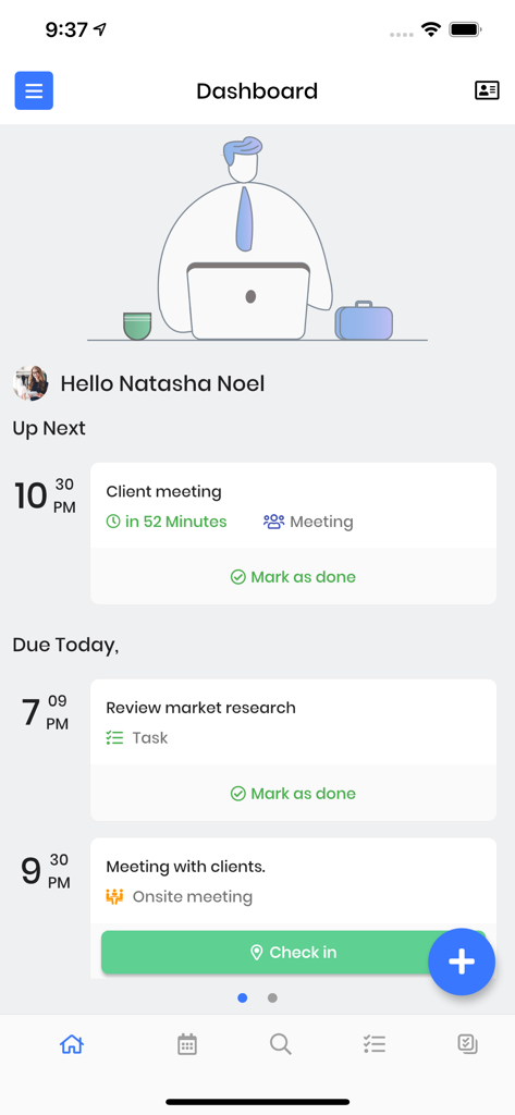 Panel de Vtiger CRM Móvil que muestra una agenda diaria con reuniones de clientes y un botón de registro.
