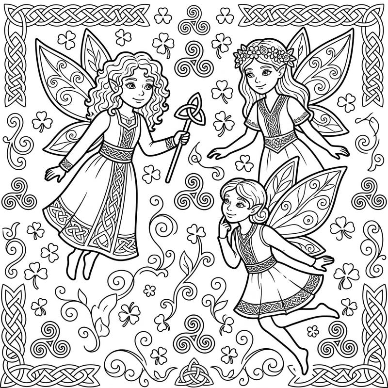 Step into a magical world with this adorable Celtic Fairies coloring page designed especially for kids. Discover three whimsical fairies surrounded by lucky shamrocks, swirling Celtic knots, and intricate patterns ready for your creative touch.