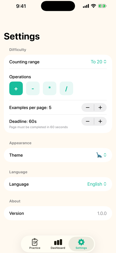 Count with Kids - Pantalla de configuración de la aplicación Count with Kids que muestra dificultad de matemáticas ajustable, selección de operaciones y opciones de tema de dinosaurio.