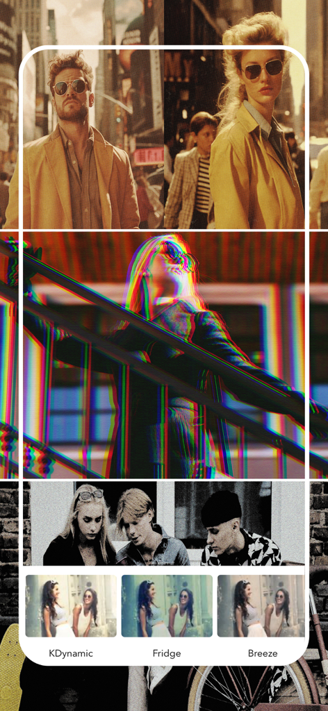 Artistic photo filters and glitch effects displayed in a collage editing app interface.