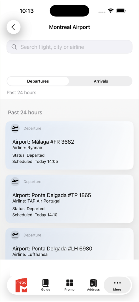リスボン地下鉄マップアプリ内の空港便出発およびステータスを表示するインターフェース。