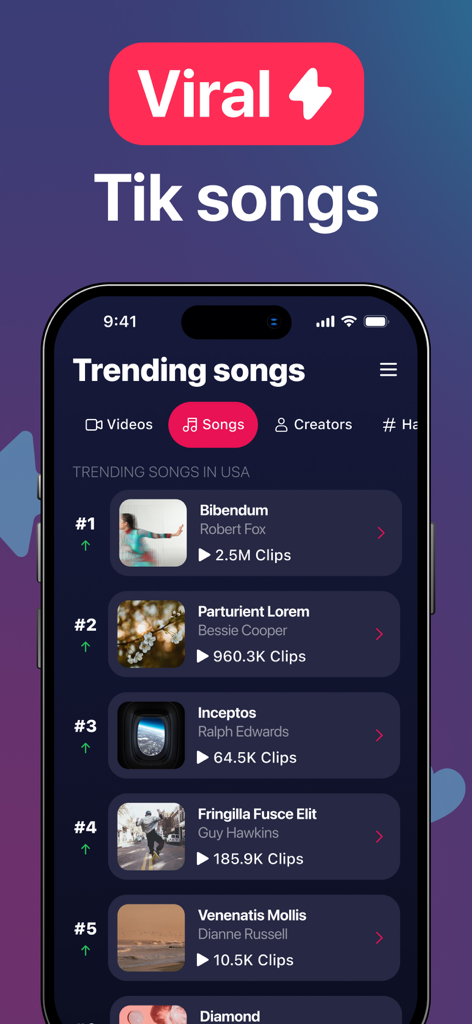 TokTrends 앱의 미국 인기 바이럴 TikTok 노래 및 사운드 목록