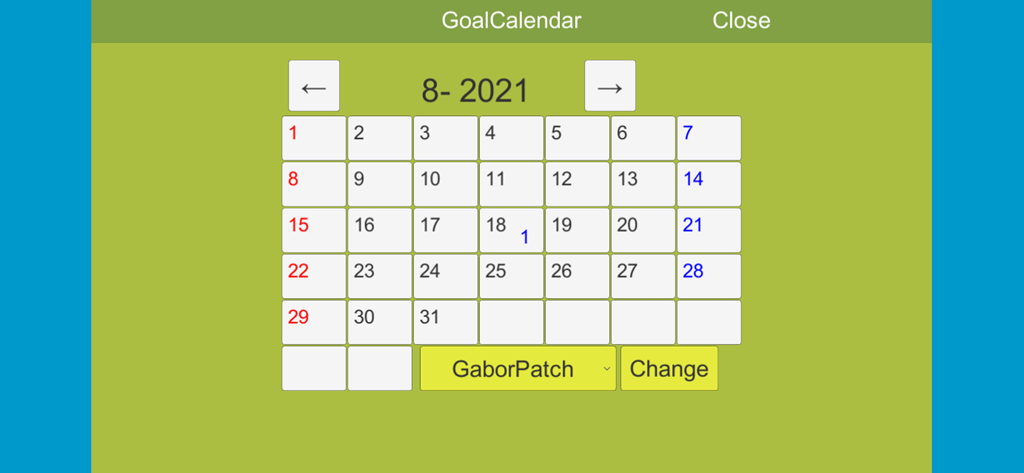 ３×３Ｄ Eye Training - 3x3D 시력 훈련 앱에서 시력 훈련 진행 상황을 추적하기 위한 목표 달력 인터페이스