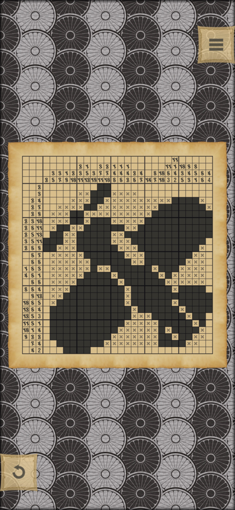 Schermata di gioco di Nonograms CrossMe che presenta una griglia di puzzle di logica parzialmente risolta su uno sfondo di pergamena.