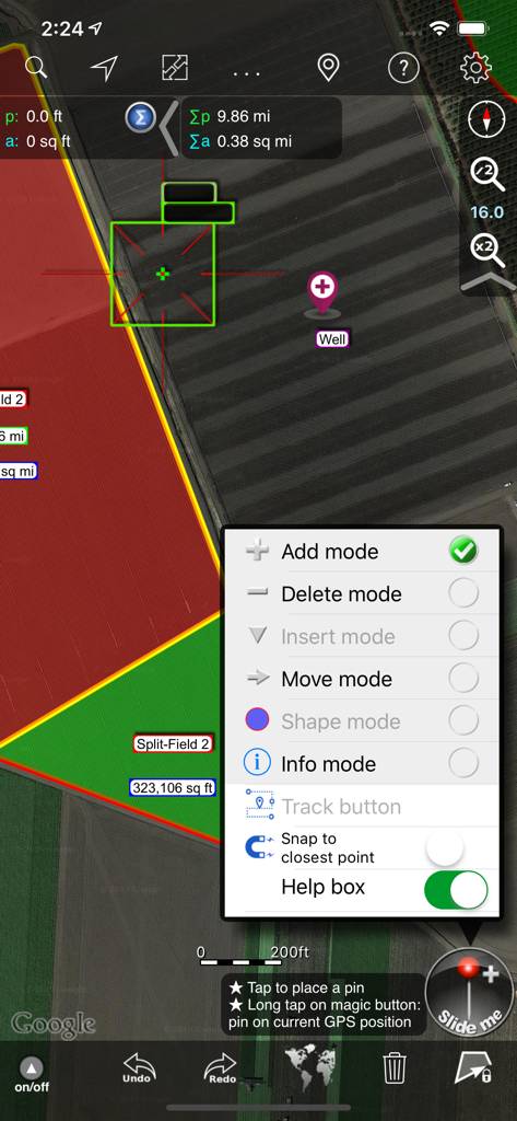Agro Measure Map Pro - Agro Measure Map Pro interface showing field measurement tools and editing mode selection on a satellite map.