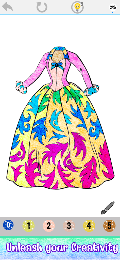 Un vestido de moda colorido siendo pintado en una interfaz de aplicación para adultos de colorear por número.