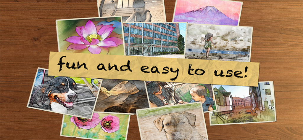 Collage de fotos con filtros artísticos de lápiz y boceto sobre un fondo de madera con un banner que dice divertido y fácil de usar