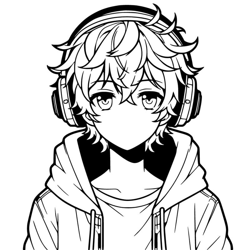 anime boy with headphones wearing a hoodie and curly hair