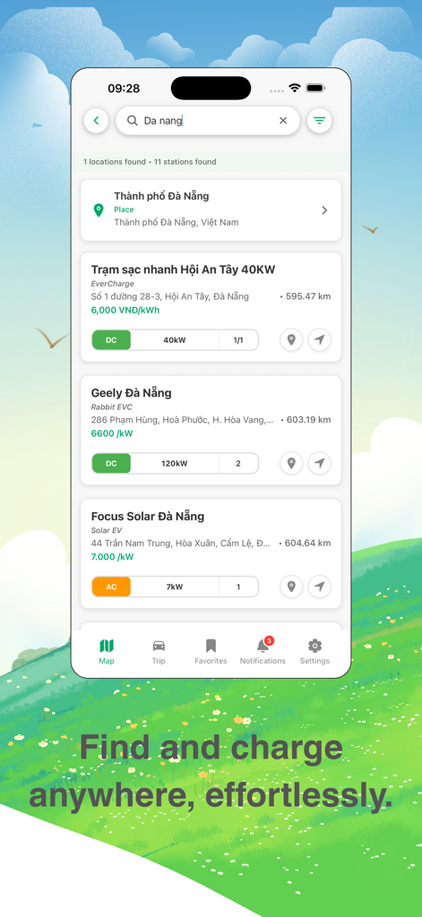 Việt EV - Screenshot of the Việt EV app search results showing a list of electric vehicle charging stations in Da Nang Vietnam with power output and price details