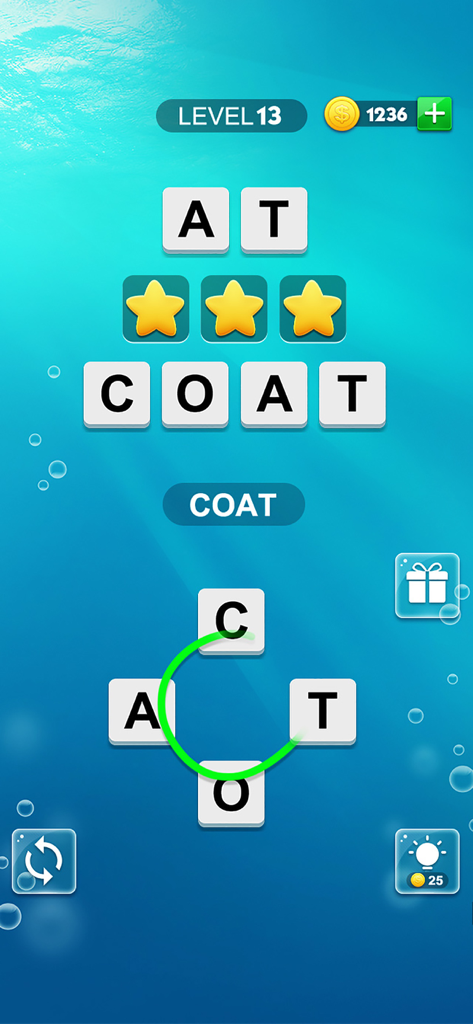 Word Charm app gameplay showing an underwater themed word puzzle where letters are connected to form the word COAT