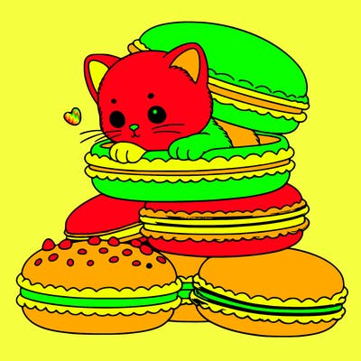 a kitten popping out of a stack of pastel macarons