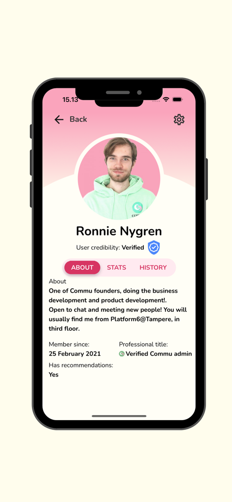 Commu - A verified user profile on the Commu app showing the founder's biography and membership status