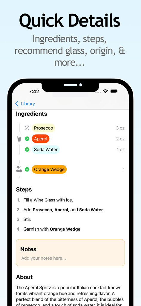A smartphone screen displaying cocktail ingredients and preparation steps for an Aperol Spritz