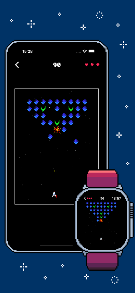 Jogo de tiro espacial Arcadia exibido em um iPhone e Apple Watch com gráficos retrô em pixel art